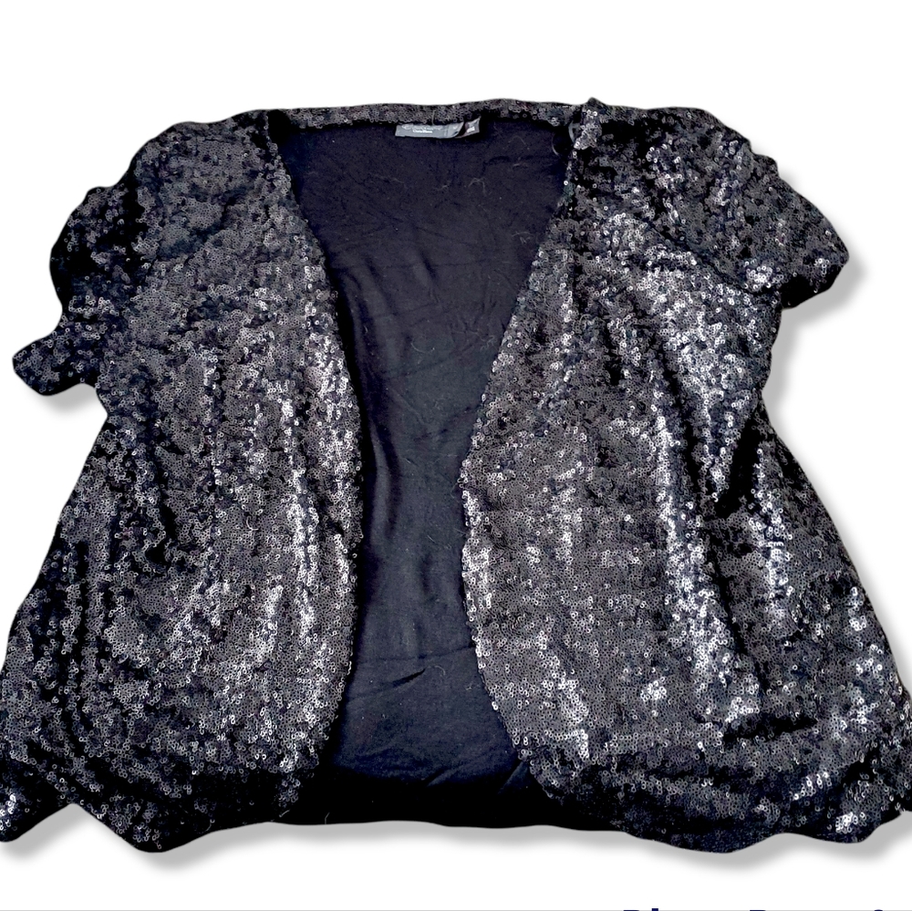 Costa Blanca Black Sequin Short Sleeve Open Front Jacket Women’s Medium Vintage